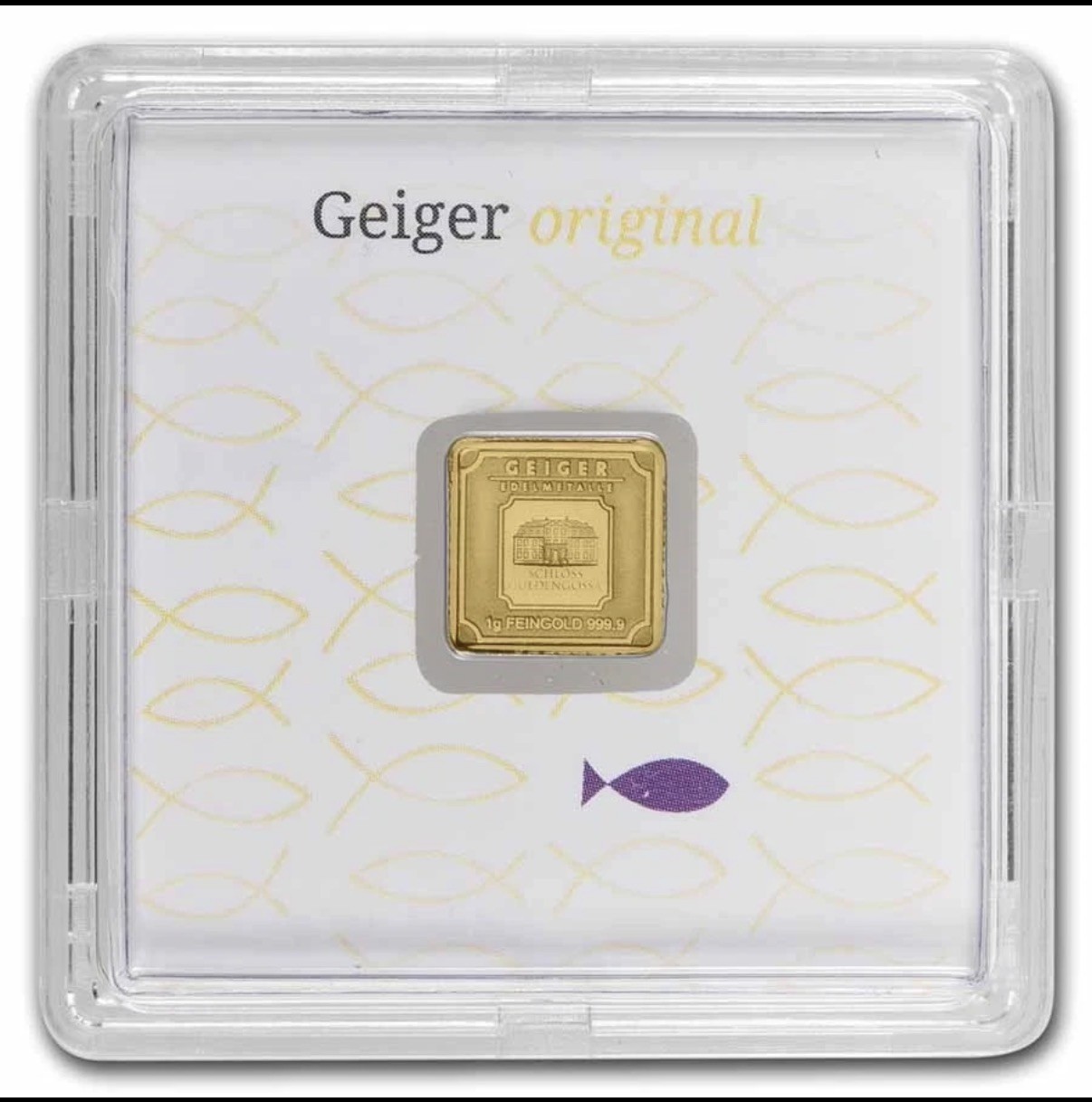 Geiger Edelmetalle 1g Gold Bar Purple Fish – Square Design in Assay