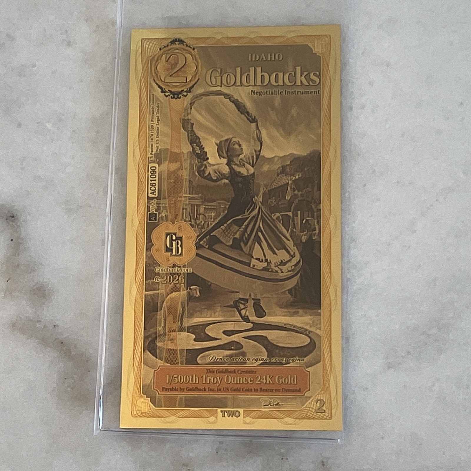 2024 Idaho Goldback $2 Gold Foil Note 1/500 Troy Oz .999 24K Gold AC61090