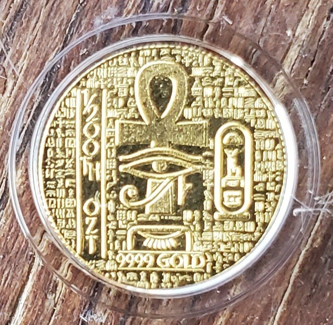 1/200th oz .9999 Pure Gold Monarch Egyptian Scarab Anhk Encapsulated Round.