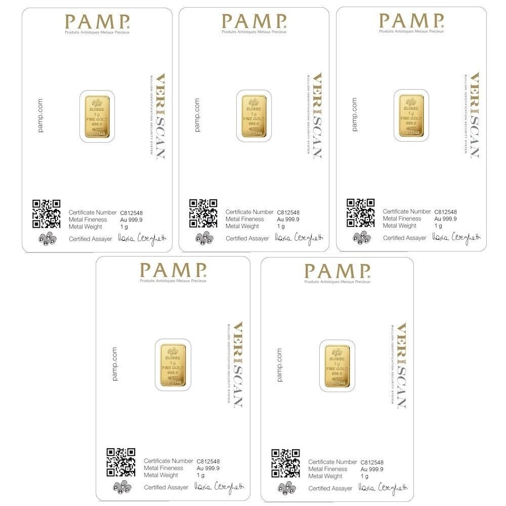 Lot of 5 – 1 gram Gold Bar PAMP Suisse Fortuna .9999 Fine Gold – In Sealed Assay