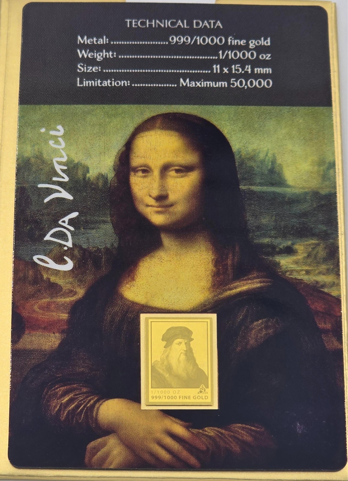 MONA LISA Da Vinci 1/1000 Oz .999 Gold in Coin card