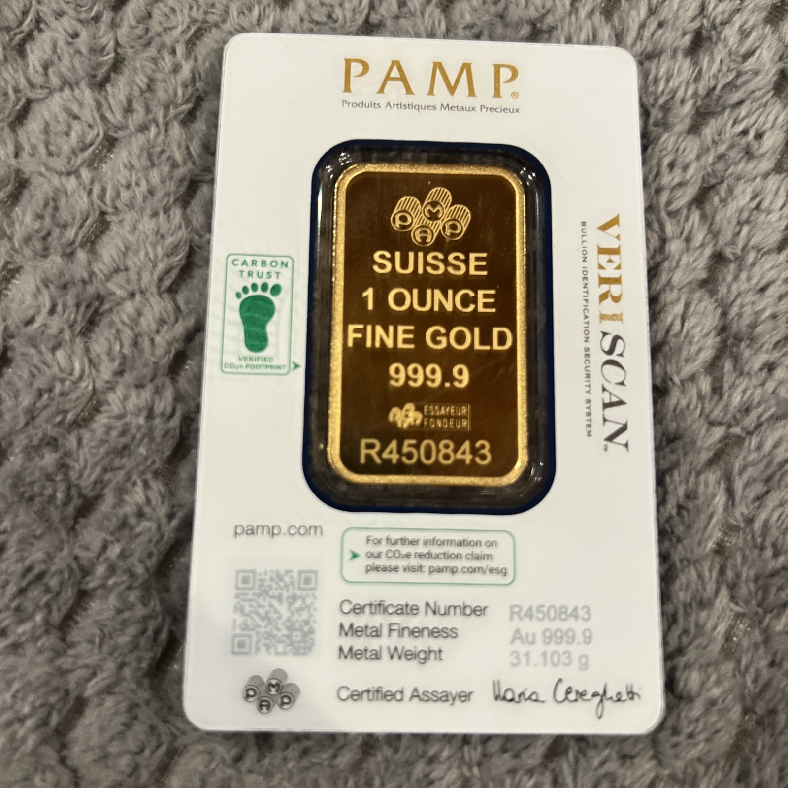 1 oz Gold Bar PAMP Suisse Lady Fortuna Veriscan (In Assay) .9999 Fine