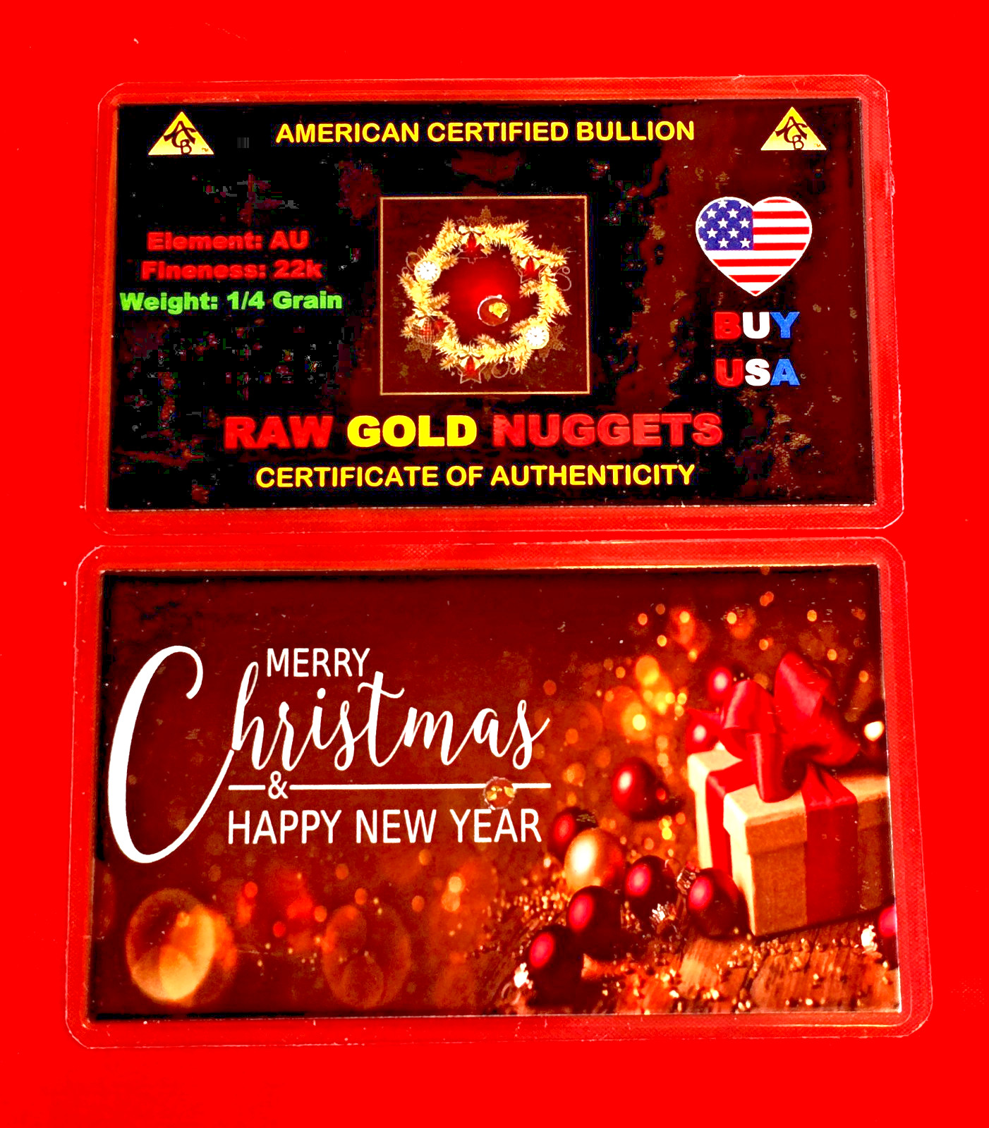 x8 Gold MERRY CHRISTMAS ACB 1/4GRAIN RAW NUGGET Placer gold with Certificate G