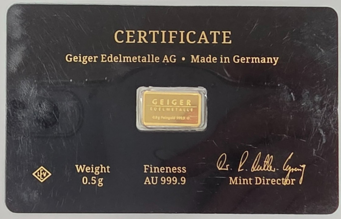 Geiger Schloss Guldengossa Vintage Edition .9999 Fine Gold Bar .5 Gram w/ Card