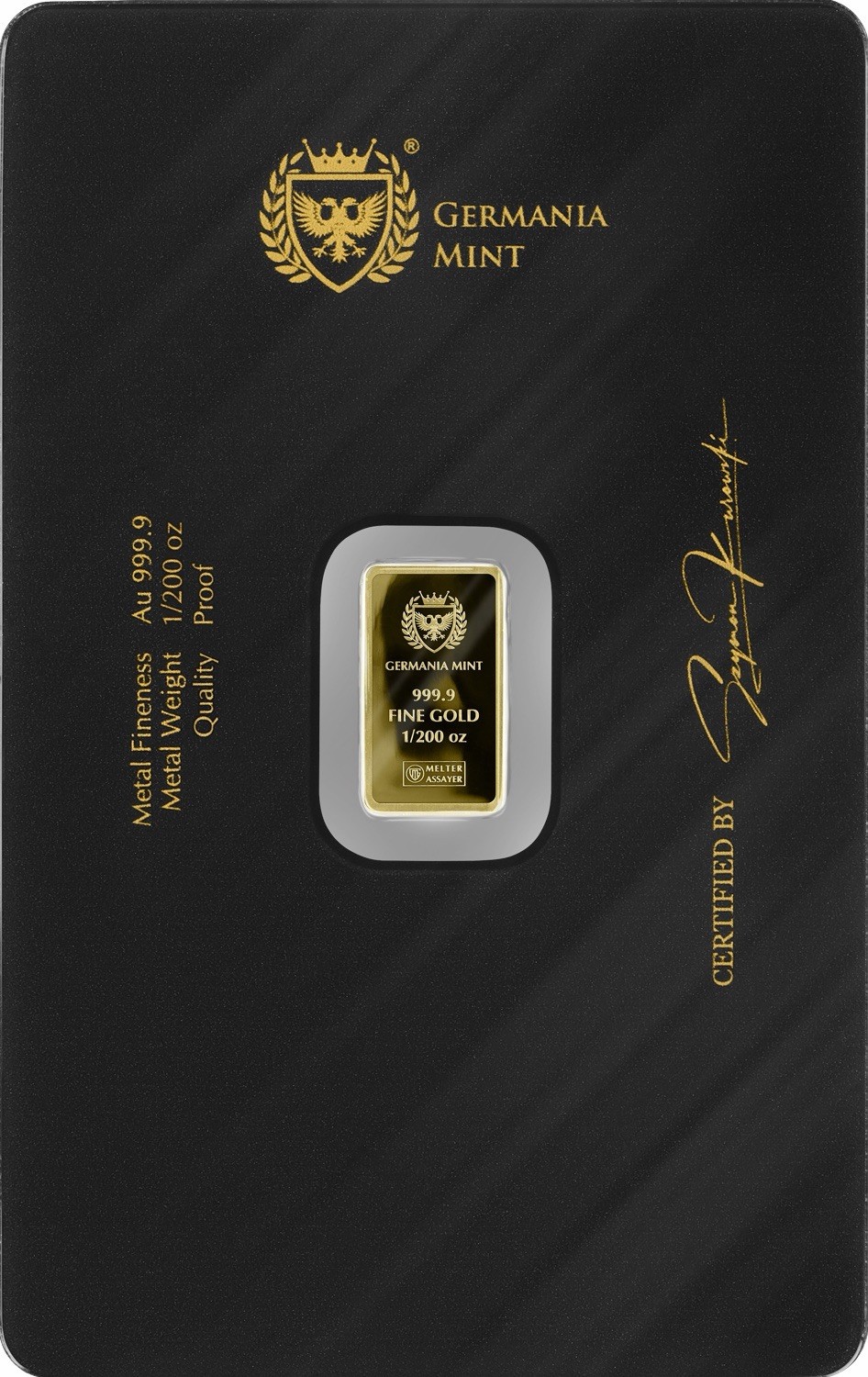 Germania Mint 1/200 oz Gold Bar Proof .9999 Fine Gold In Assay Card 🔥👸⚔️