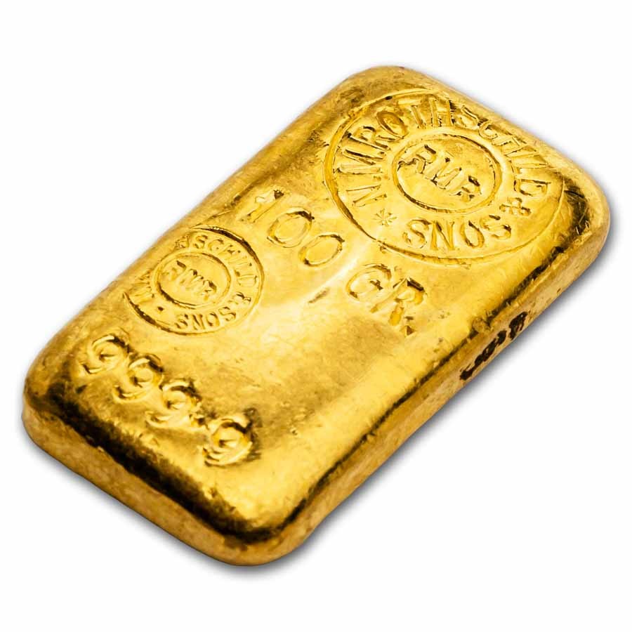 100 gram Gold Bar – Rothschild (Mocatta, .9999 Fine)