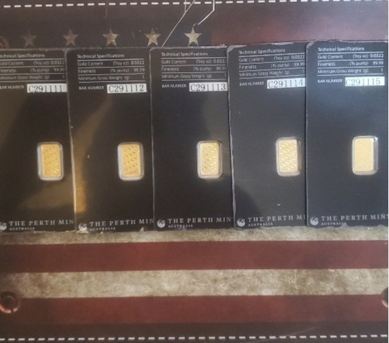 1 Gram The Perth Mint Australia Gold Bars Seq Lot of 5, 999.9 Fine in Assay