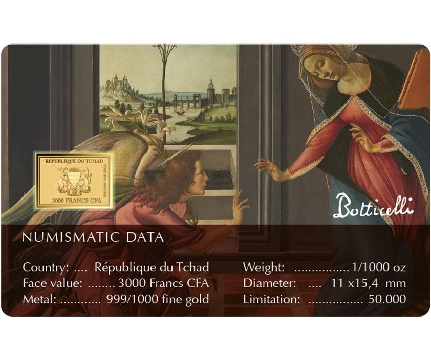 Botticelli Cestello Annunciation 1/1000 Oz Gold 999 Coin card Chad 2024