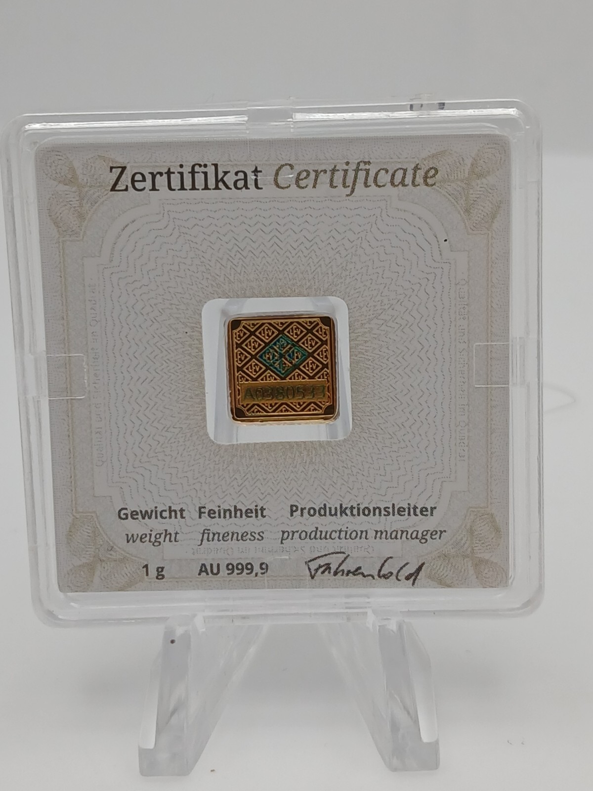 Geiger Edelmetalle Schloss Güldengossa 1g .9999 Gold Square Bar in Assay