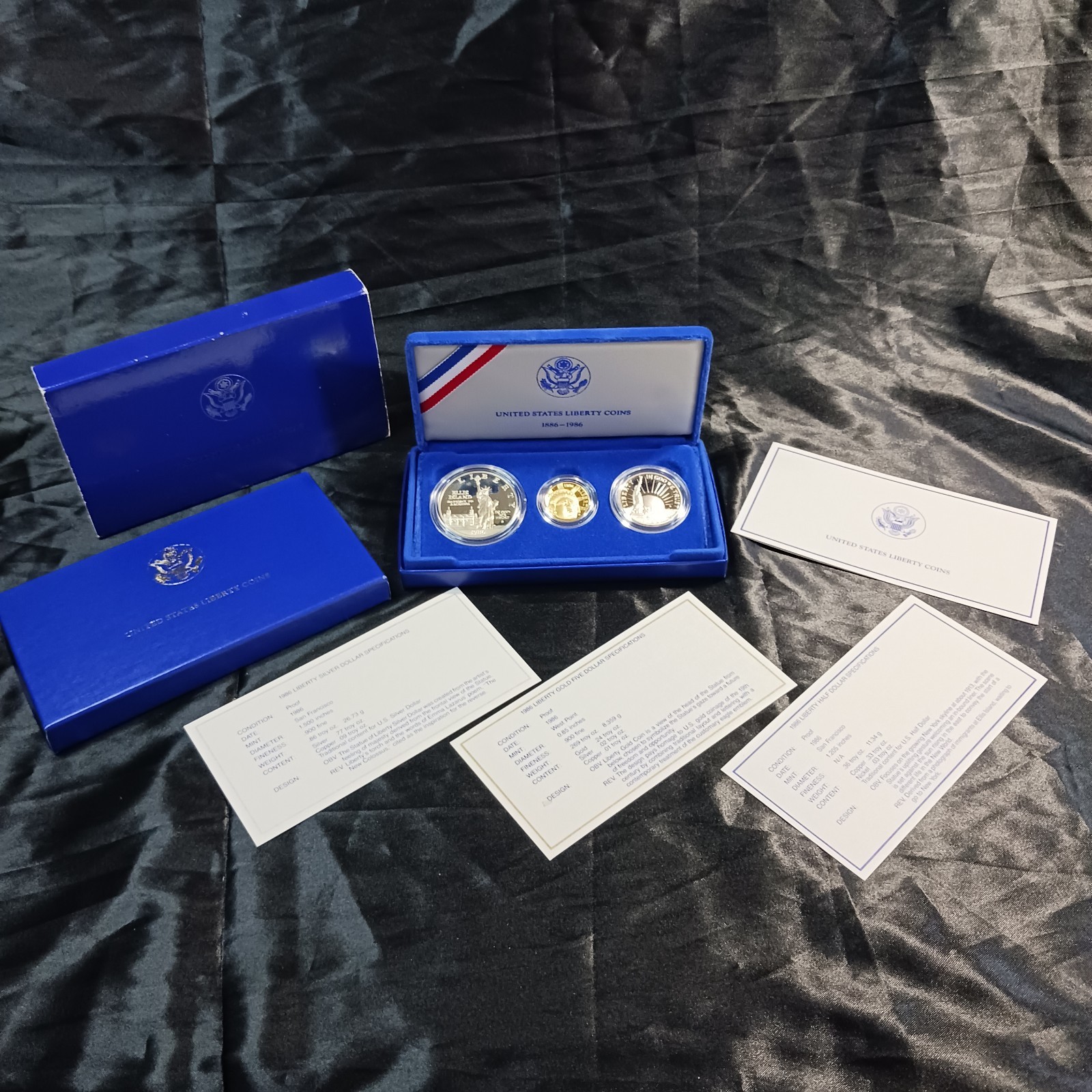 1886-1986 U.S. Liberty 3-Coin Proof Set $5 Gold $1 Silver Half Dollar Box w/COA