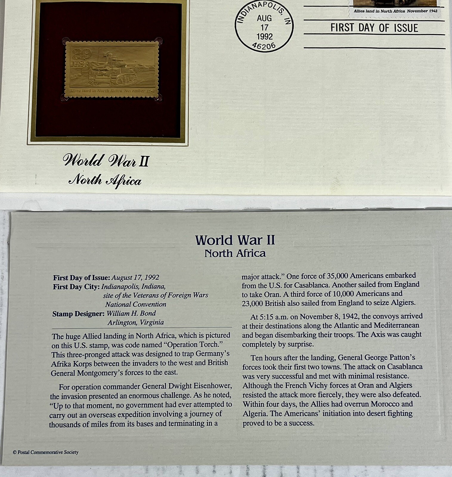 Allies Land in North Africa Tank 1942 WORLD WAR II 22KT GOLD STAMP COMMEM #8 +PW
