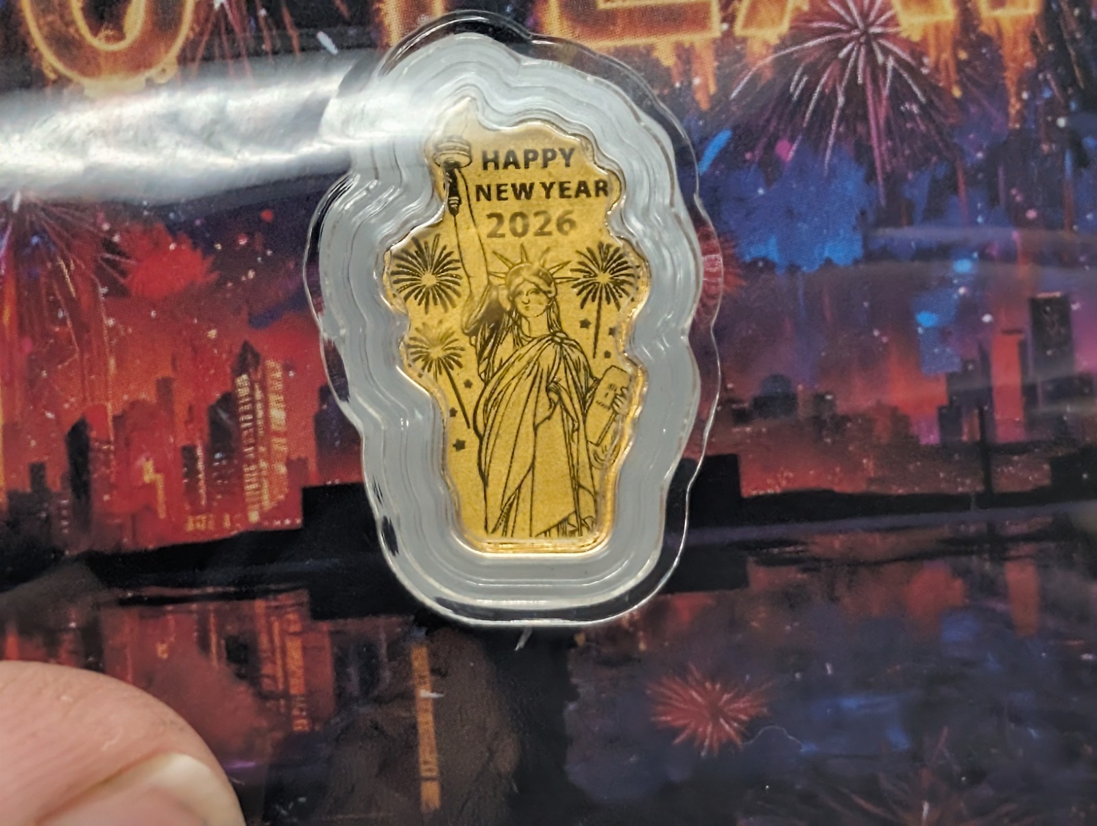 ​2026 Happy New Year 1/1000 oz .999 Fine Gold Bar Statue of Liberty Carded COA