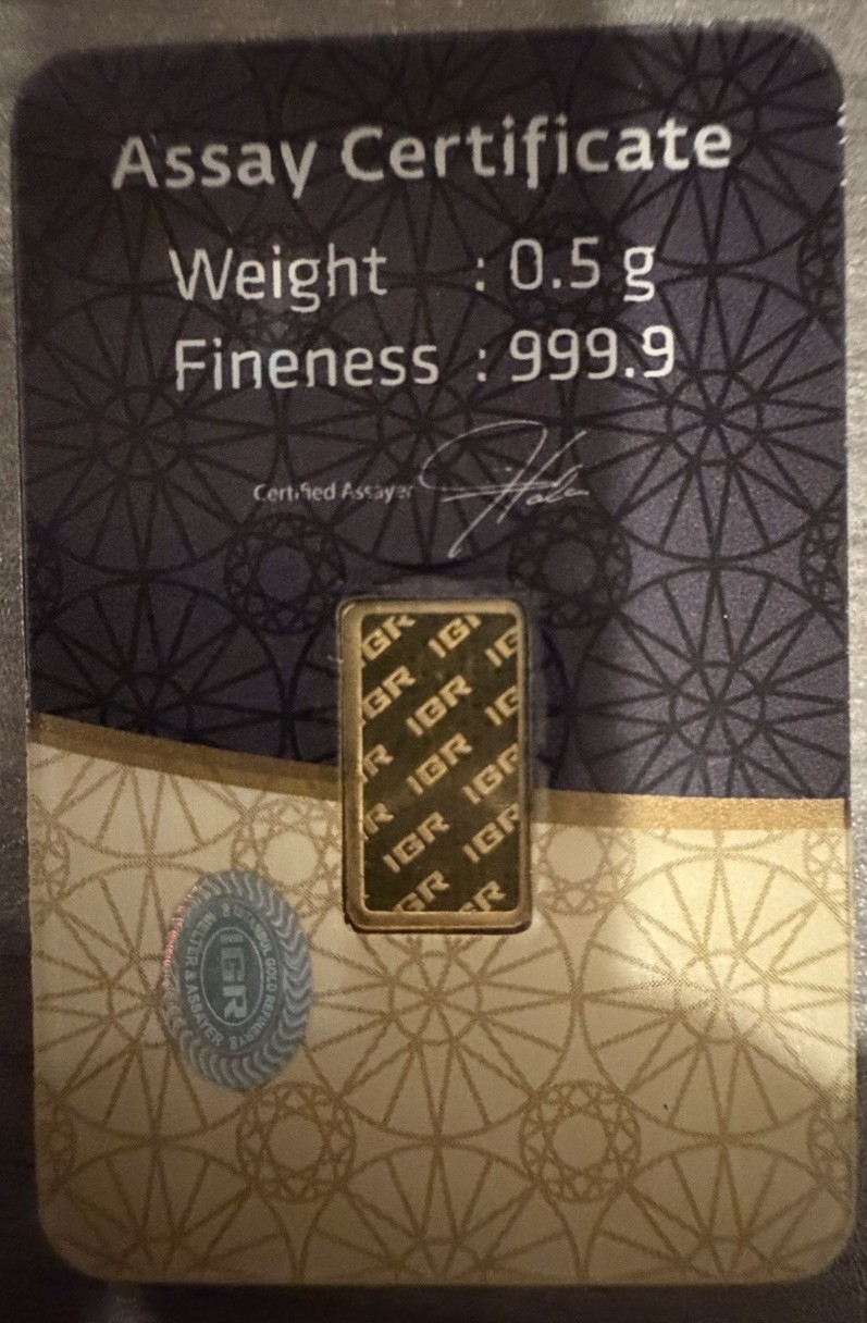 IGR .5 GRAM .9999 GOLD BAR IN ASSAY CARD 1/2 GRAM 24K ISTANBUL GOLD REFINERY