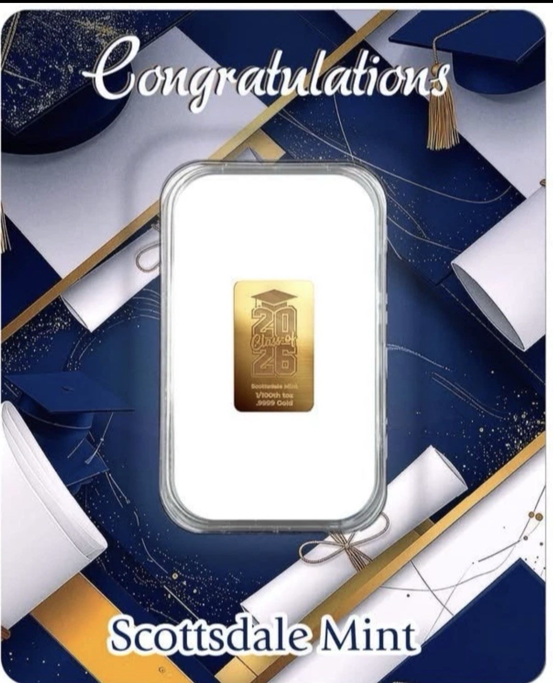 Scottsdale Mint Congrats 2026 Graduation 1/100 oz .9999 Gold Bar Certi-Lock Card