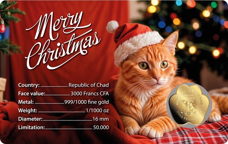 Chad Cat Paw Christmas Xmas 1/1000 Oz .999 Gold Coin in card 50k Mintage