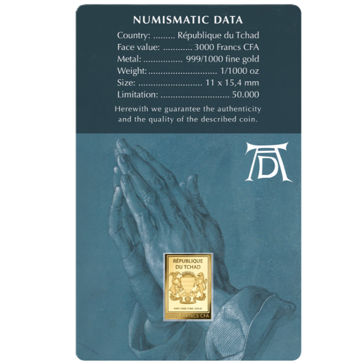Chad Praying Hands Albrecht Durer 1/1000oz 999 Gold Coin in Themed Card