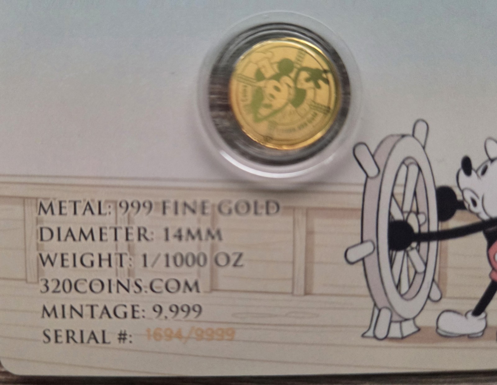 Steamboat Willie Mickey Mouse Gold 1/1000 Oz 999 Fine Round in Card