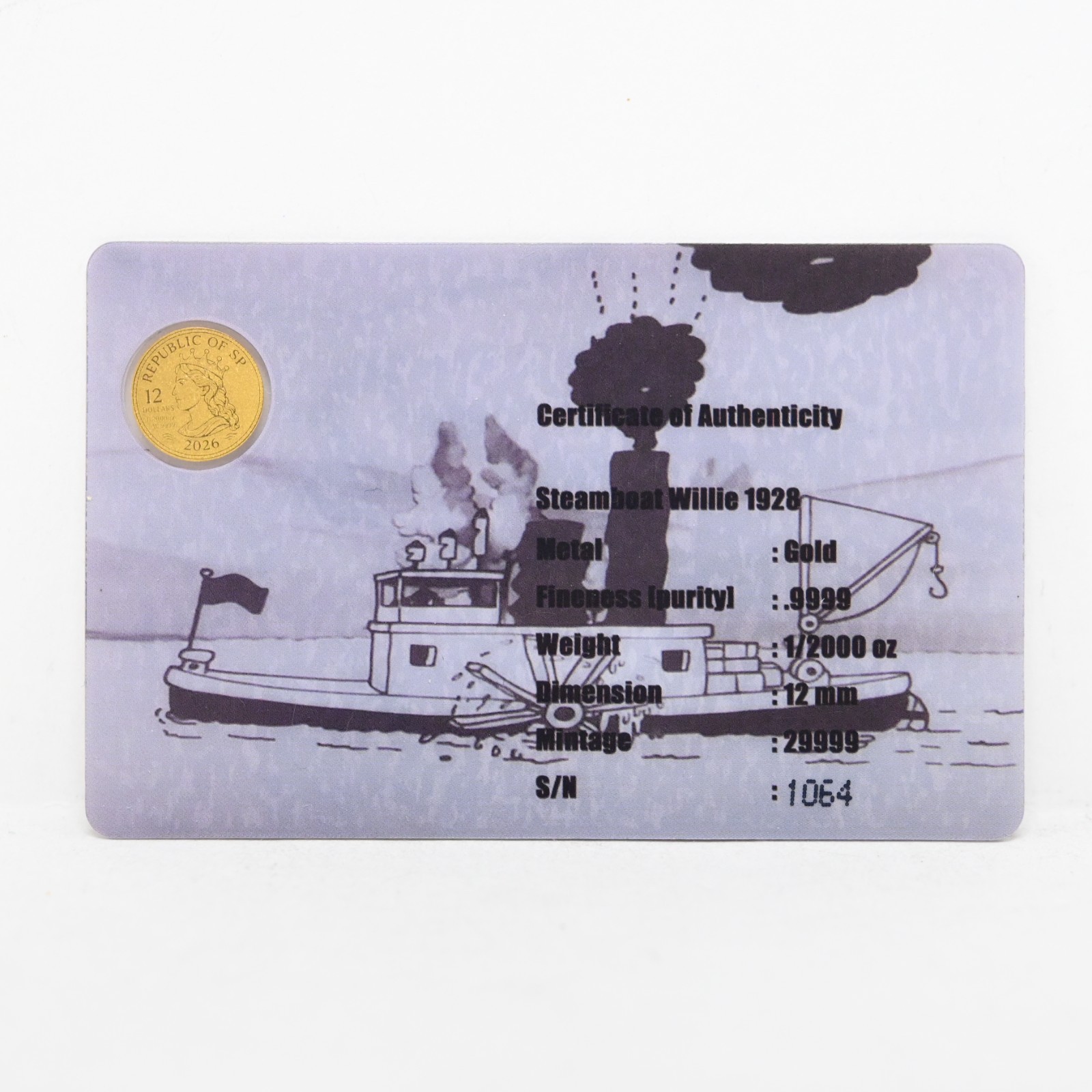 2026 Steamboat Willie 1928 Mickey Mouse 1/2000-oz .9999 Gold in Card Cert #1064