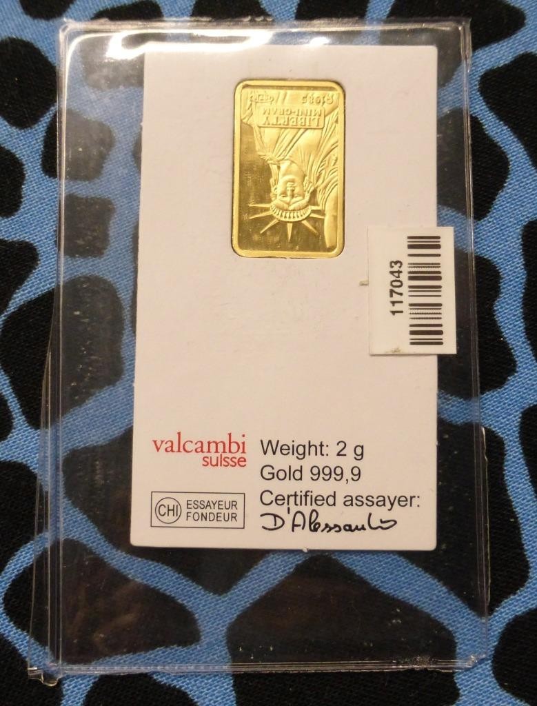 2 Gram .9999 Fine Gold Statue of Liberty Bar, 2g Gold Bar, 1985 Valcambi Suisse