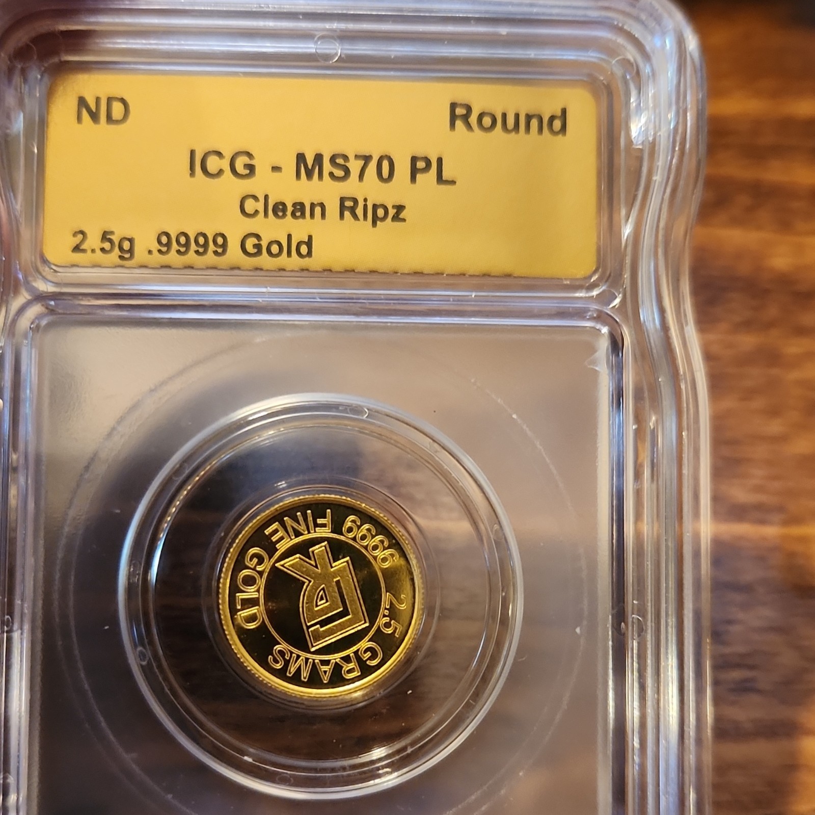 Clean Ripz 2.5g .9999 Fine Gold Round ICG MS70 PL Slabbed 2.5g Gold Content