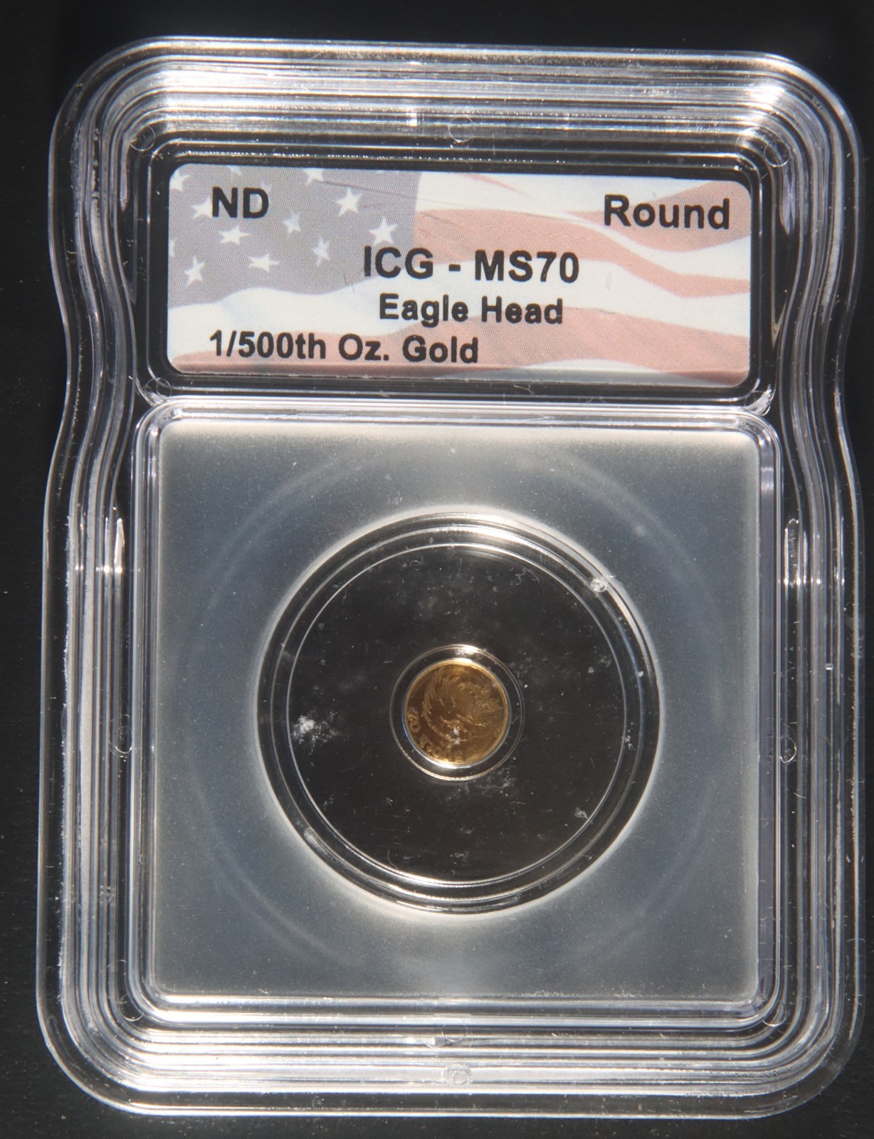 ND Eagle Head Round 1/500 oz .9999 Gold ICG MS70 Lot 160842