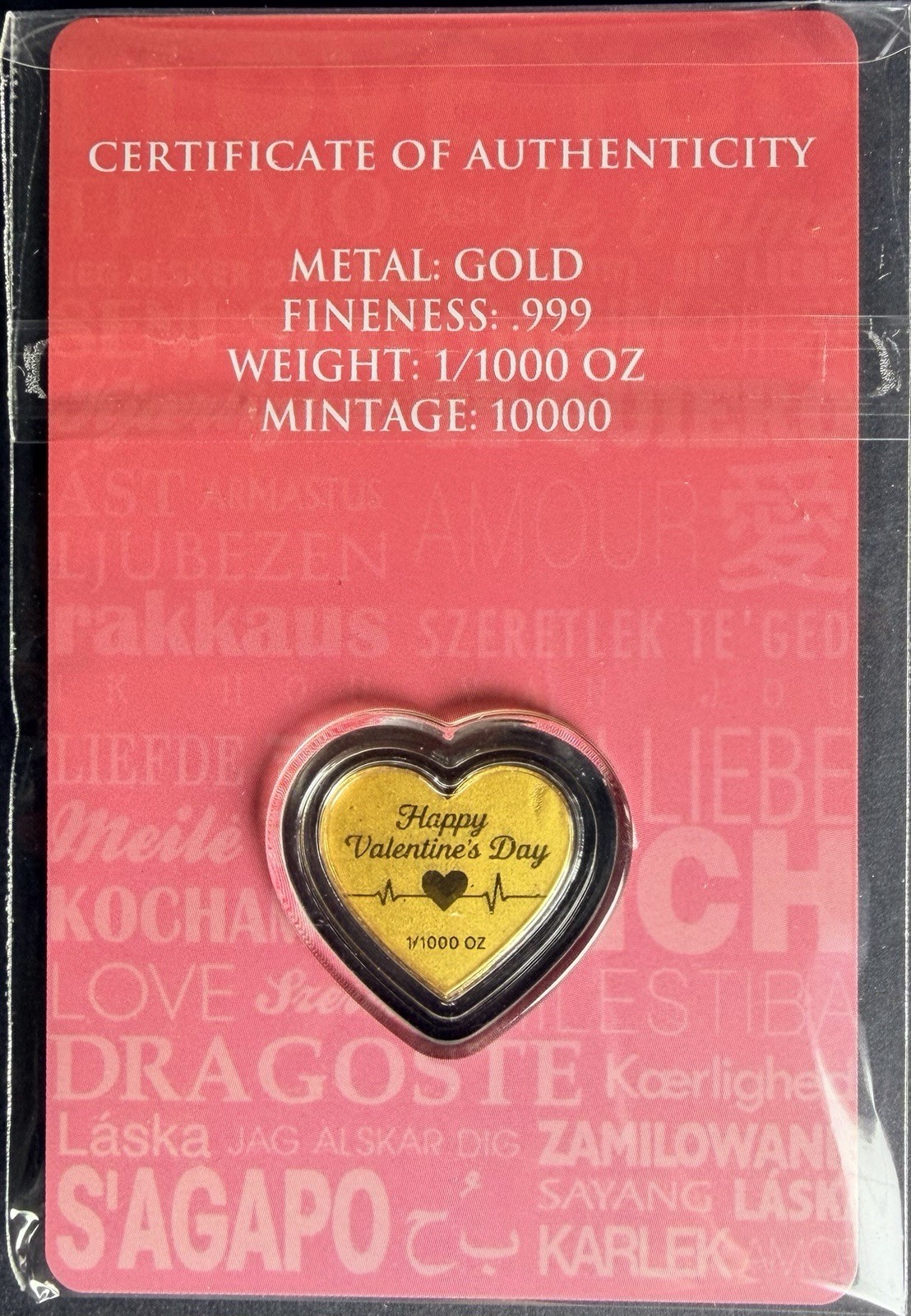 Happy Valentine’s Day 1/1000 oz Shaped Gold in Card