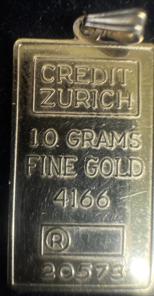 SOLID FINE 10K GOLD .416 BAR 1 GRAM INGOT CREDIT ZURICH PENDANT 2MM BAIL CHARM