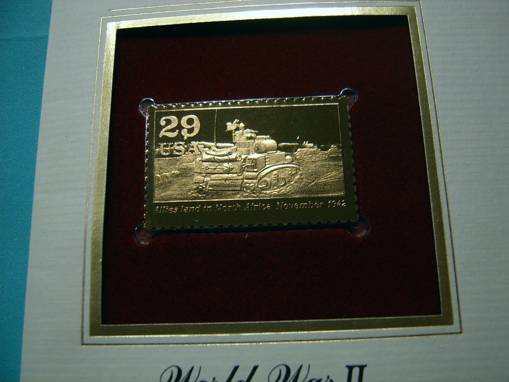 ALLIES LAND IN NORTH AFRICA TANK 1942 WORLD WAR II 22KT GOLD STAMP COMMEM #8