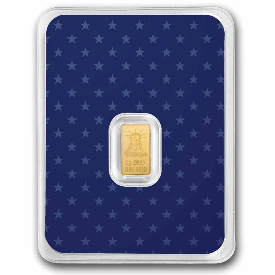 2 gram Gold Bar – United States Flag & Statue of Liberty