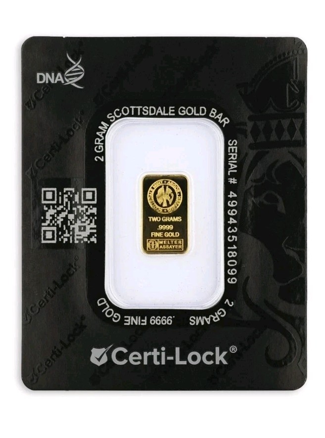 2 gram Scottsdale Mint .9999 Gold Bar – Sealed in Certi-Lock COA #A378