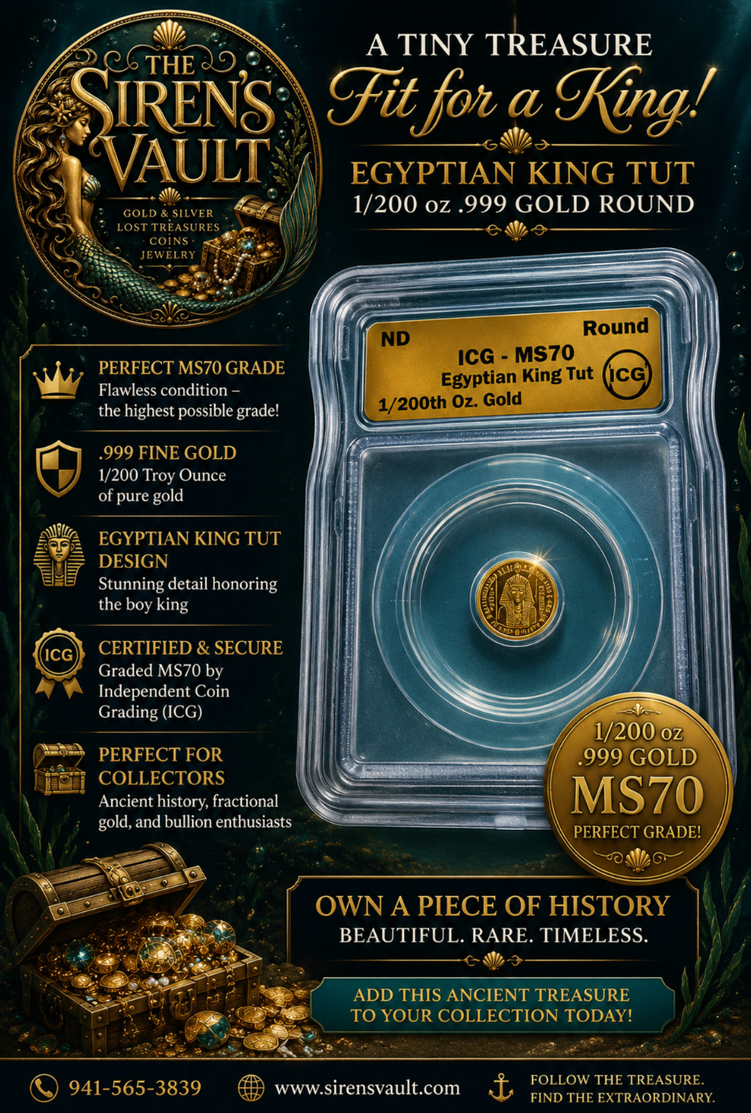 ICG MS 70 Egyptian King Tut 1/200 OZ .999 Gold Round
