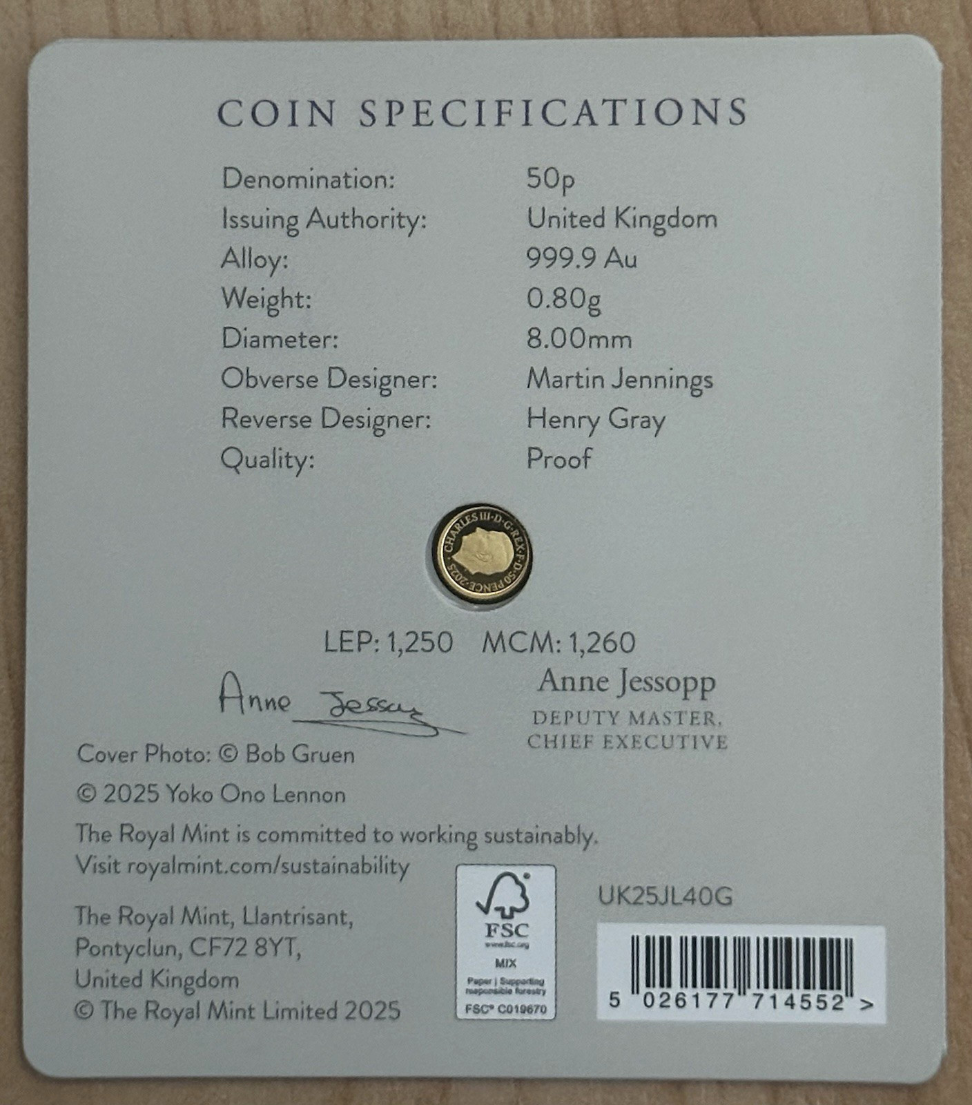 2025 Great Britain JOHN LENNON Music Legends 1/40 oz Gold Proof in Card L.E.1250