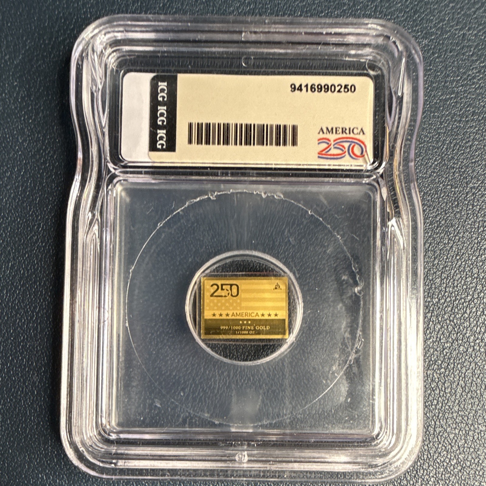 ICG MS70 250th Anniversary of America Gold Bar, 1/1000 oz Gold Content