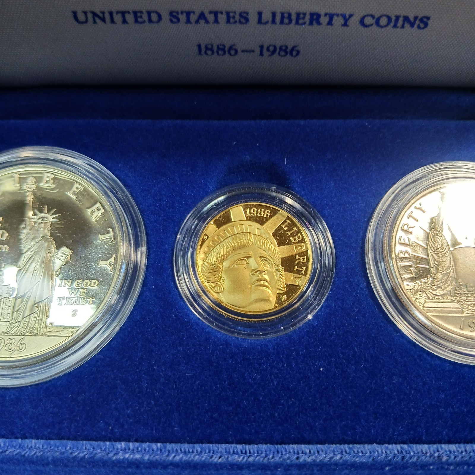 1886-1986 U.S. Liberty 3-Coin Proof Set $5 Gold $1 Silver Half Dollar Box w/COA