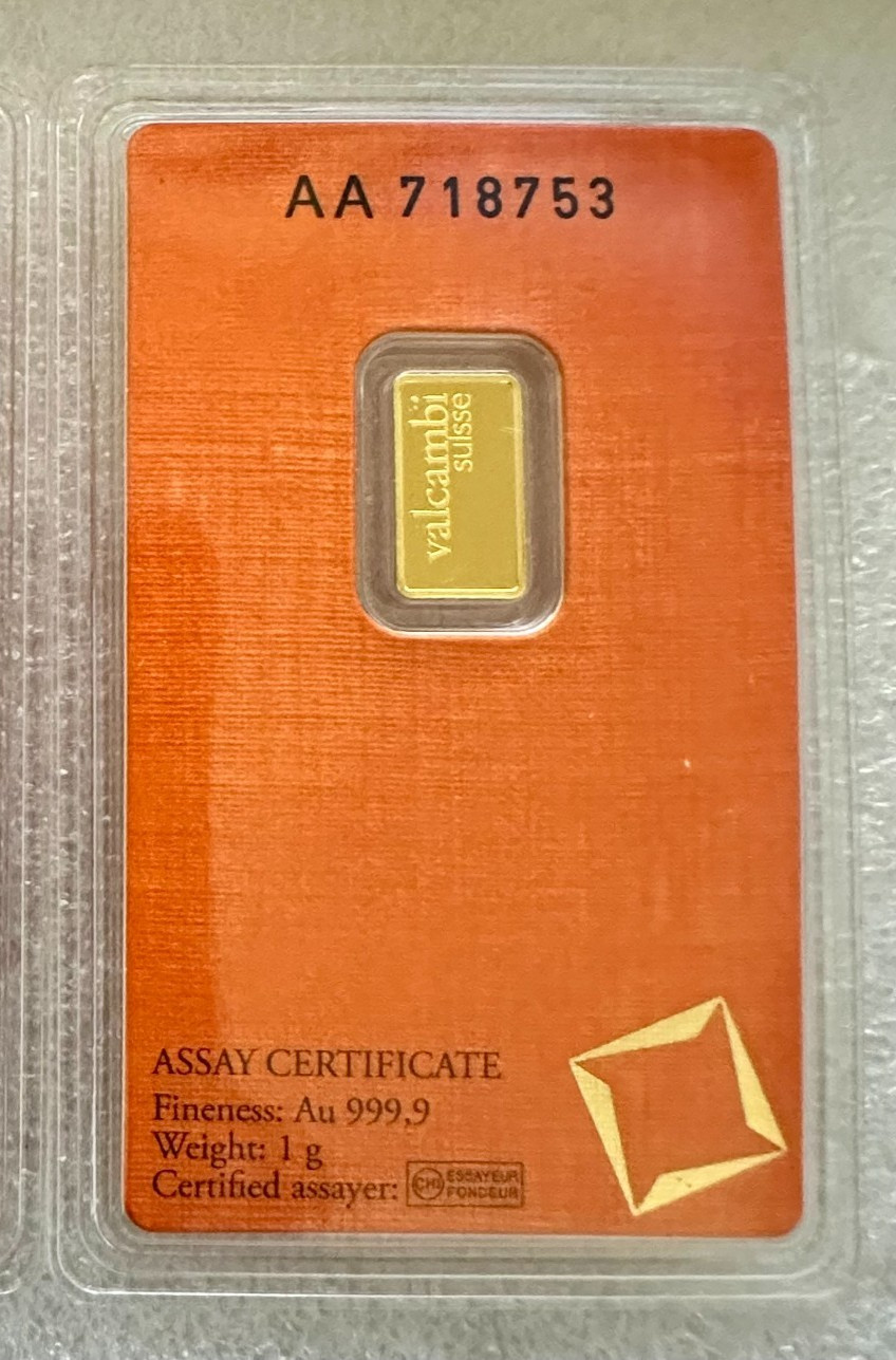 1 gram Gold Bar Valcambi Suisse – 999.9 Fine in Assay AA 718753