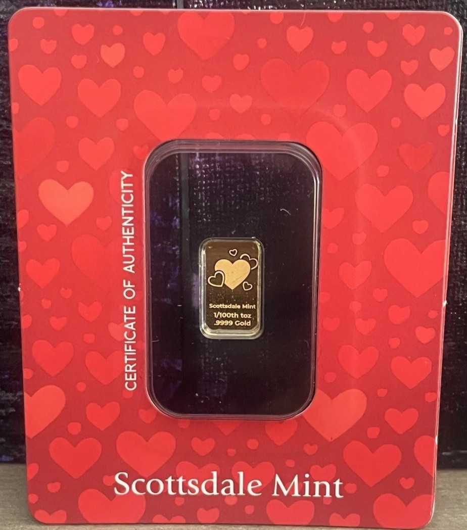 Scottsdale Mint Love Themed 1/100 oz .9999 Gold Bar in Certi-Lock Card
