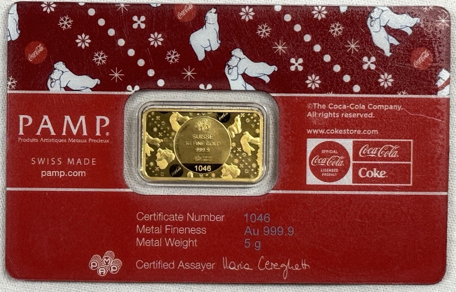 5 gram Gold Bar – PAMP Coca-Cola® Polar Bear Limited mintage of 5,000 bars-RARE
