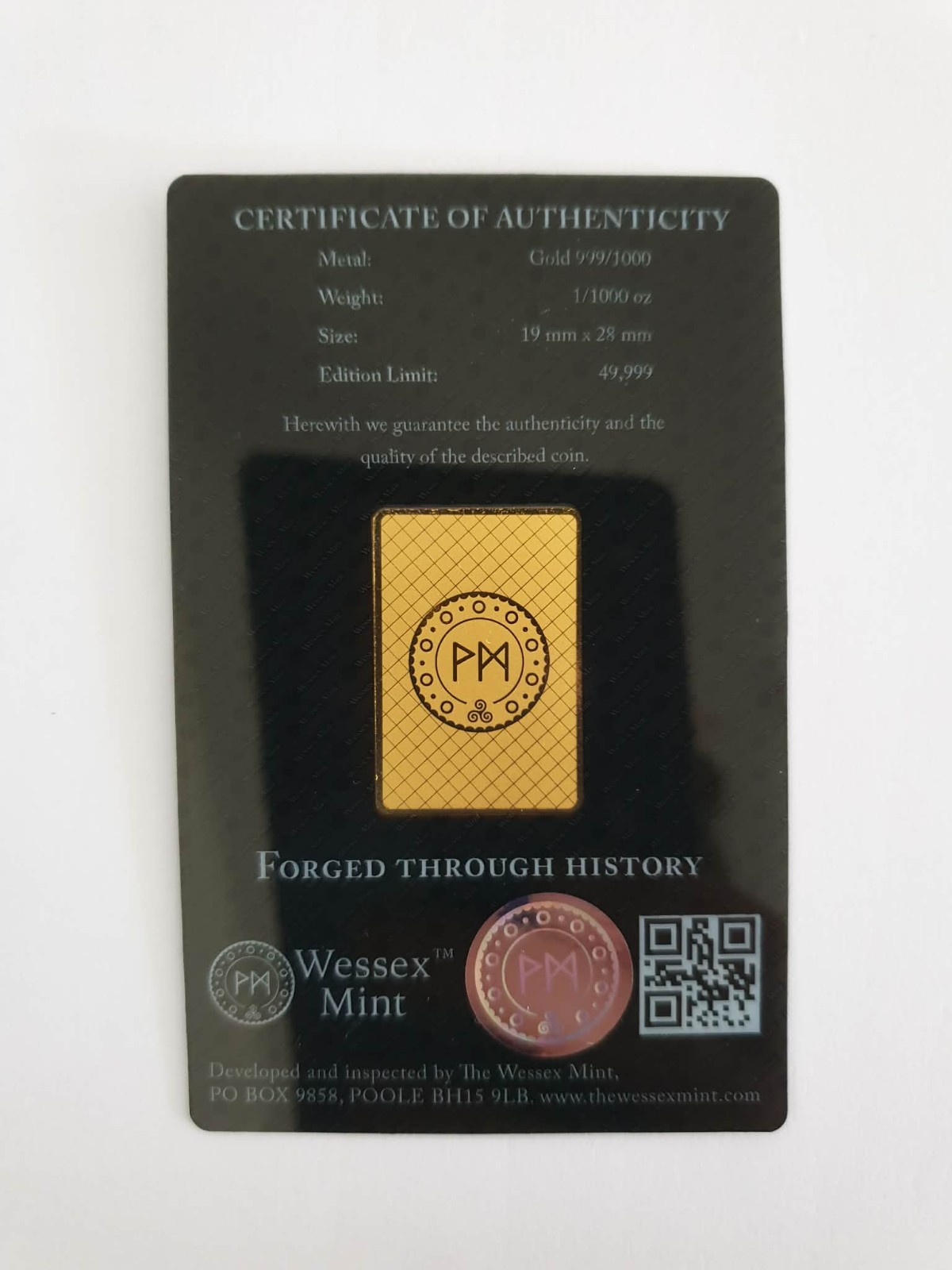 1/1000 oz The Griffin Of Edward III 24K Pure Gold Bar- Wessex Mint LBMA Certific