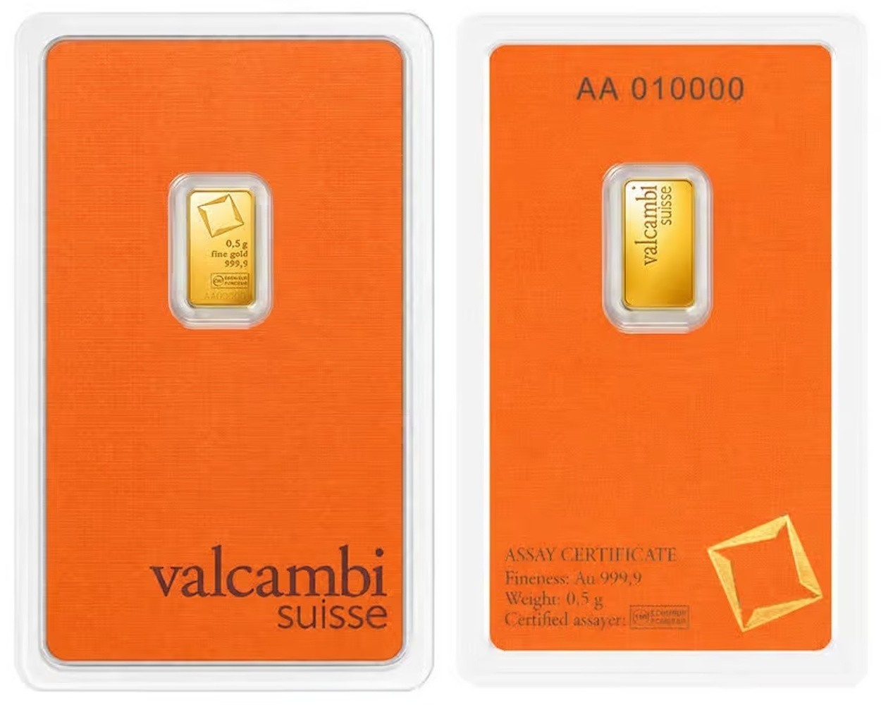 1/2 gram Gold Bar – Valcambi Suisse – 999.9 Fine in Sealed Assay