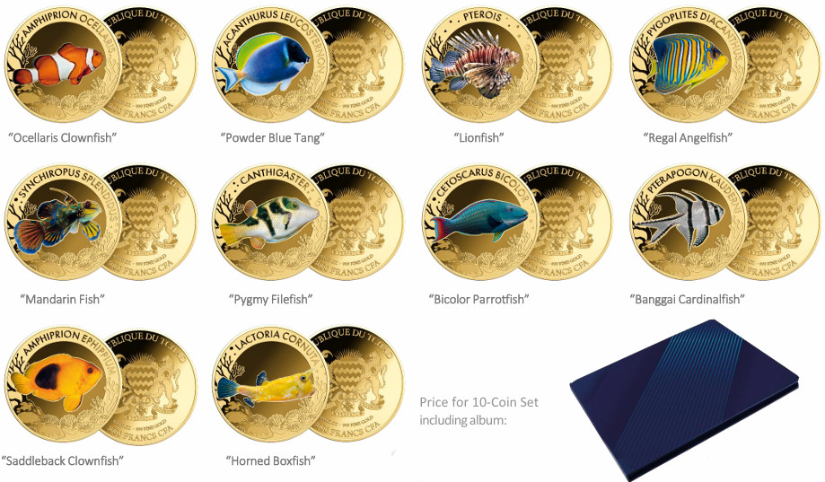 THE MOST INTERESTING CORAL FISH 10 Coins Complete collection 1/1000 999 Gold