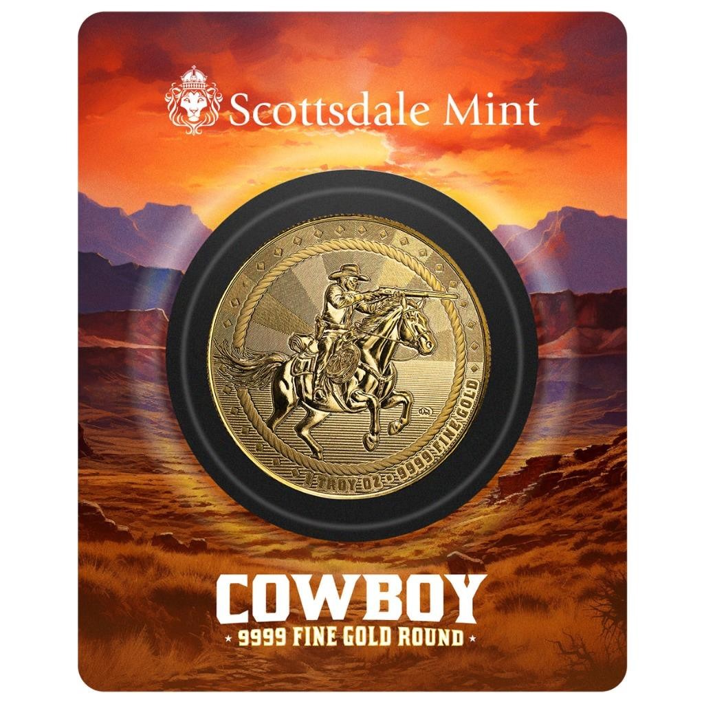 1 oz Gold Cowboy Rifleman w/ Buffalo Privy .9999 Gold Bullion Round in COA #A705