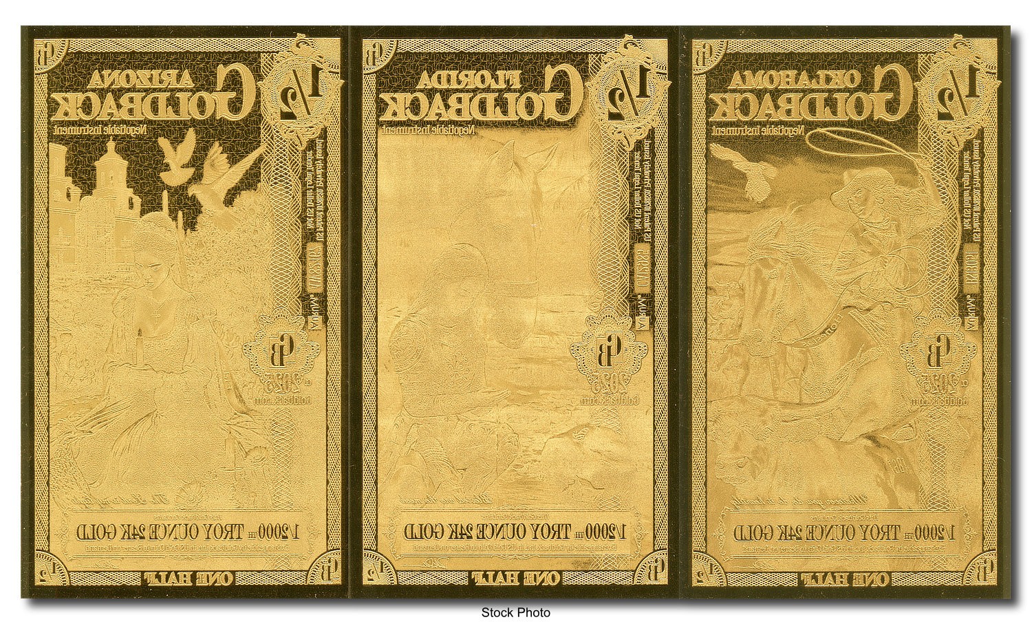 2025 1/2 GB Arizona, Florida, & Oklahoma 1/2000 oz 24K One Half Goldback 3pc Set
