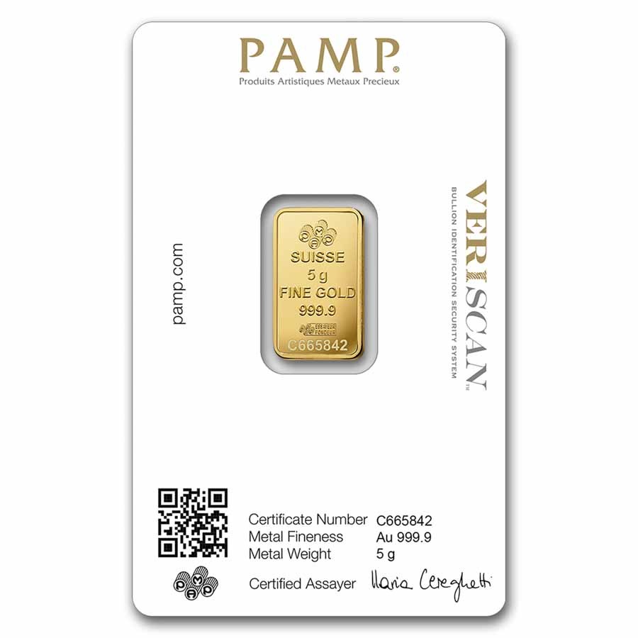 5 gram Gold Bar-PAMP Suisse Lady Fortuna Veriscan®(In Assay)