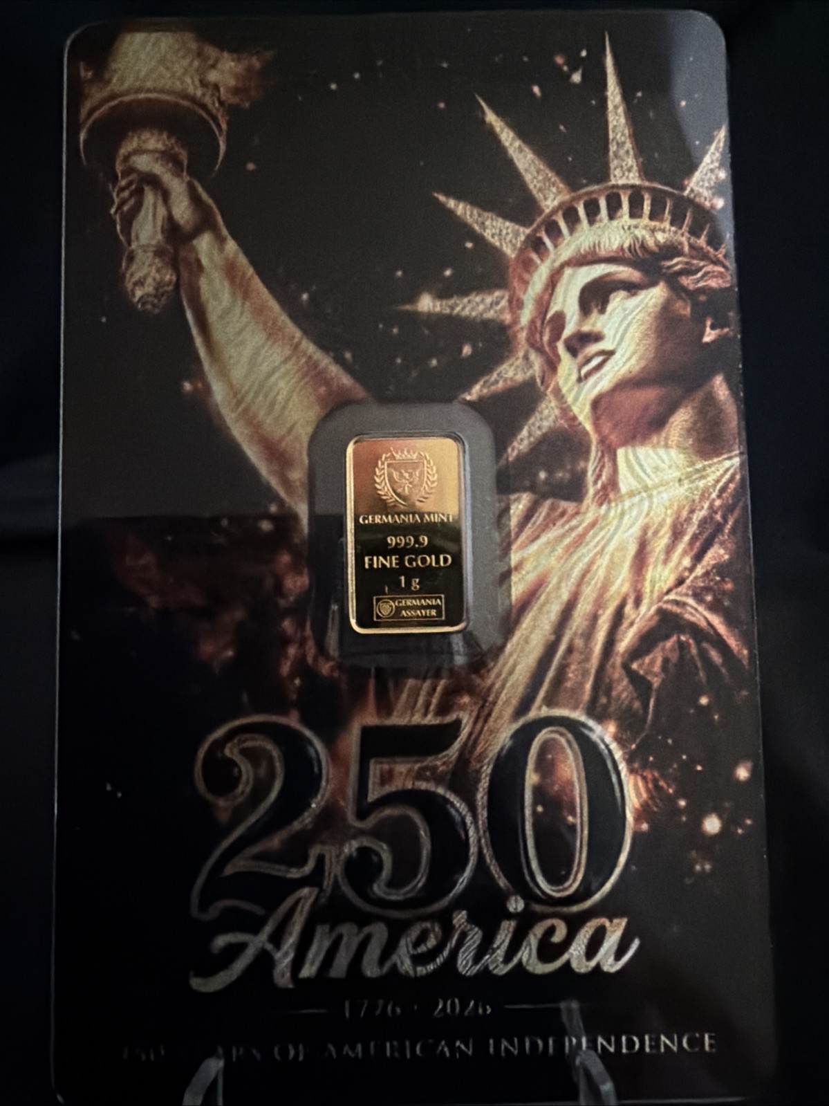 250 YEARS OF AMERICAN INDEPENDENCE – 1g Gold Bar by Germania Mint – LIMITED 2500