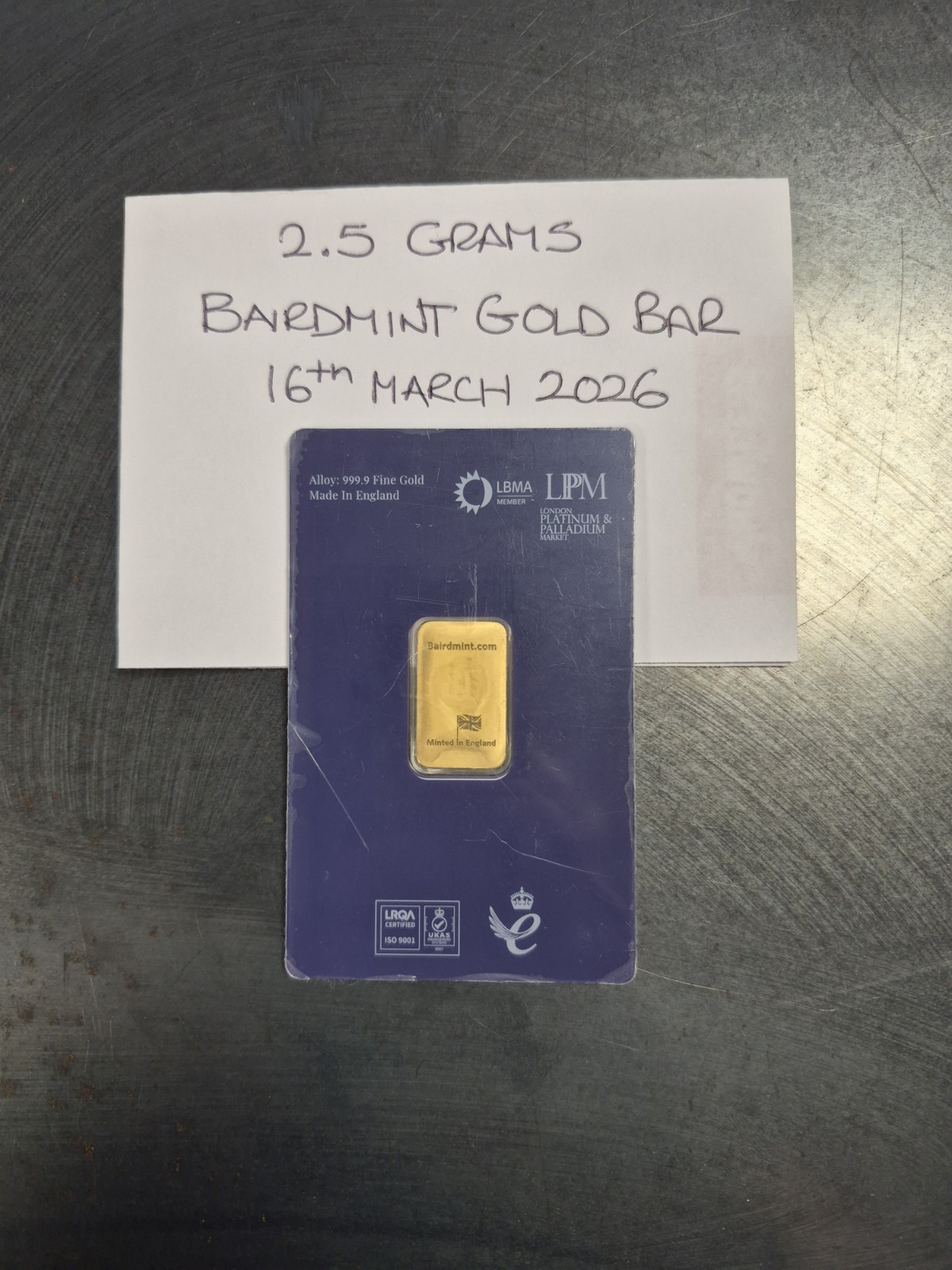 BAIRDMINT 2.5 GRAM SOLID GOLD BAR IN TAMPER PROOF CERTICARD (1 PIECE)