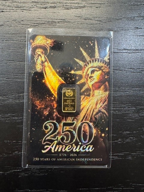 America 250 Germania Mint 1g Gold Bar 250 Years Independence Limited 2500