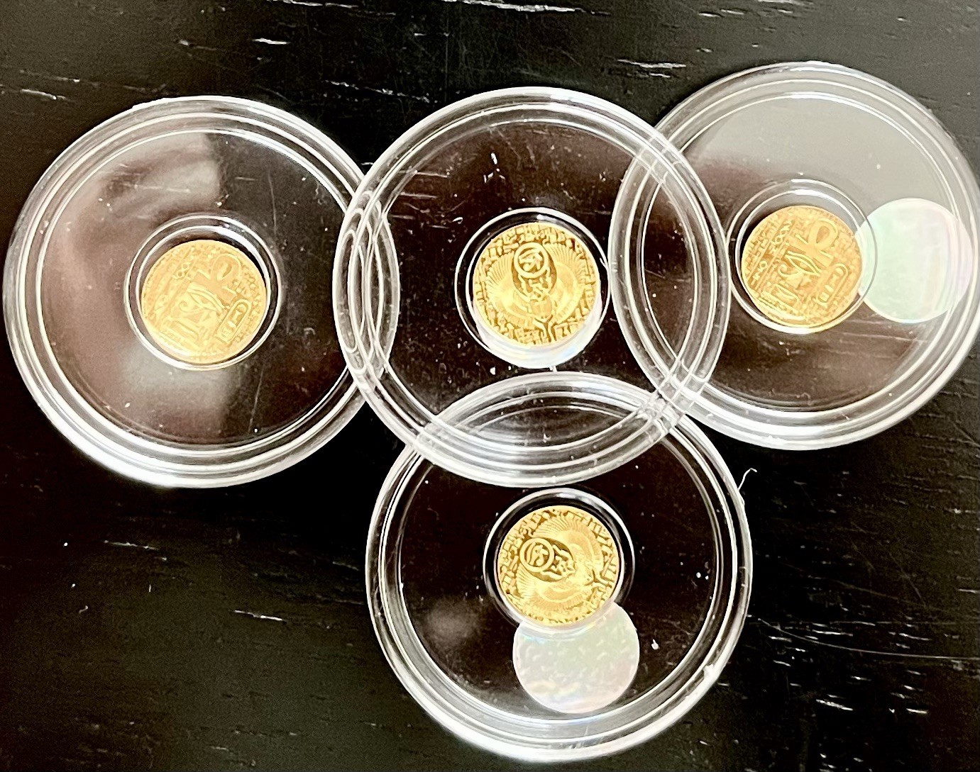 LOT (4)x 1/200th OZT .9999 Fine Gold Egyptian SCARAB and ANKH Encapsulated Round
