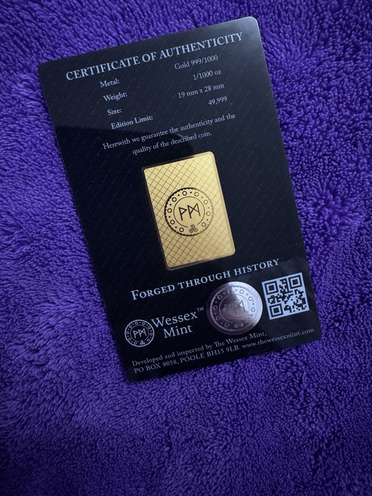 Wessex Mint 1/1000th Fine Gold Maple Leaf Limited Edition Gold Bar Mintage 49k