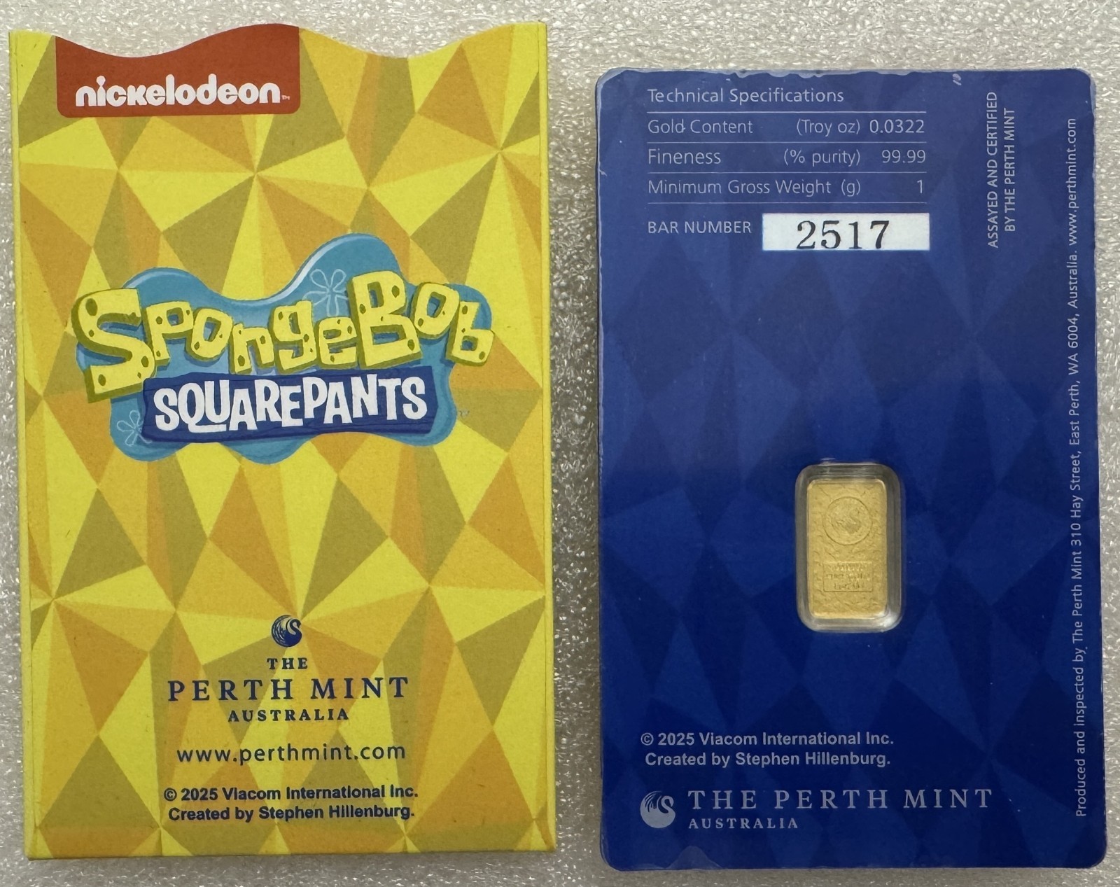 2025 Perth Mint SpongeBob SquarePants 1g Gold Bar .9999 Nickelodeon Sealed Assay