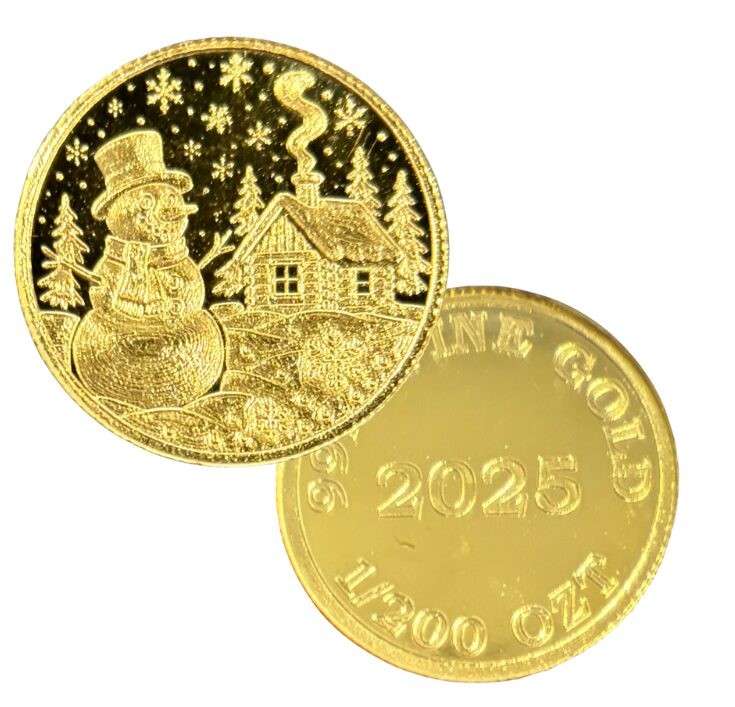 1/200 oz .9999 Fine Gold Round Monarch Snowman Winter Holidays in Capsule